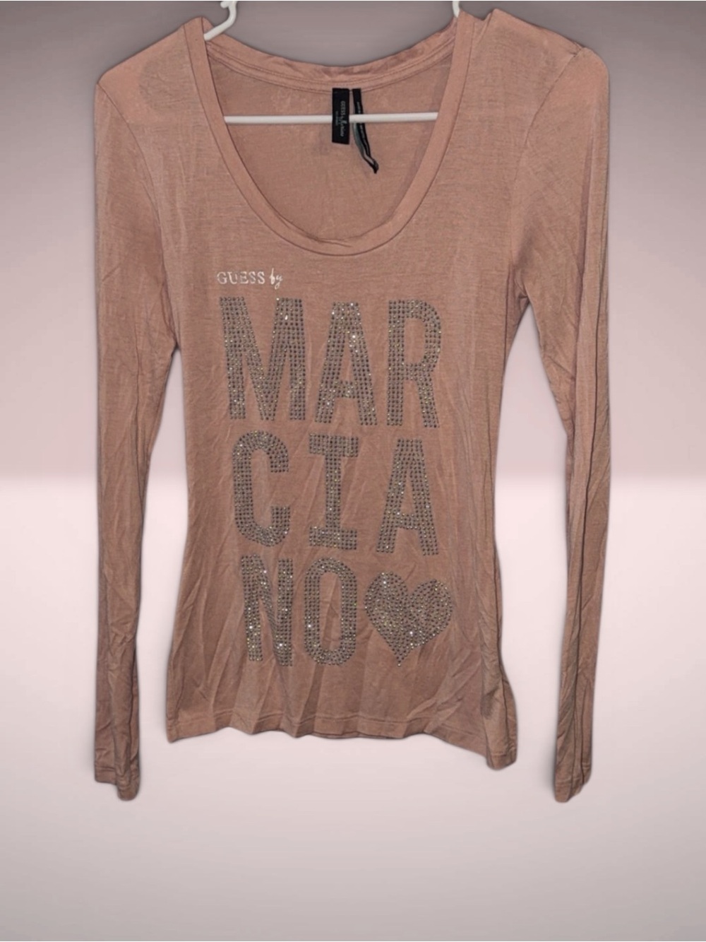 Guess by Marciano Long Sleeve Studded Logo Tee in Light Brown